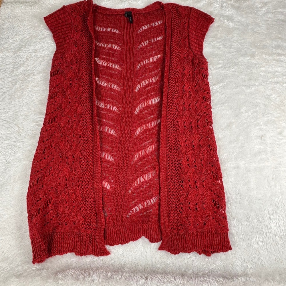 Maurices‎ Red Cardigan Boho Cottagecore Holiday Open Front Crochet Sleeveless  M